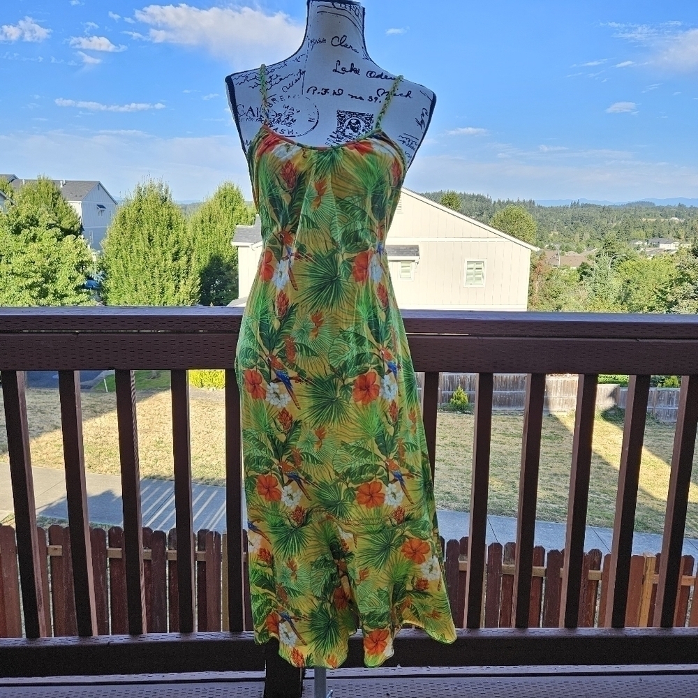 KOS Resort Tropical Dress 100% Cotton Lightweight Flowy Hawaiian Open Back Small
